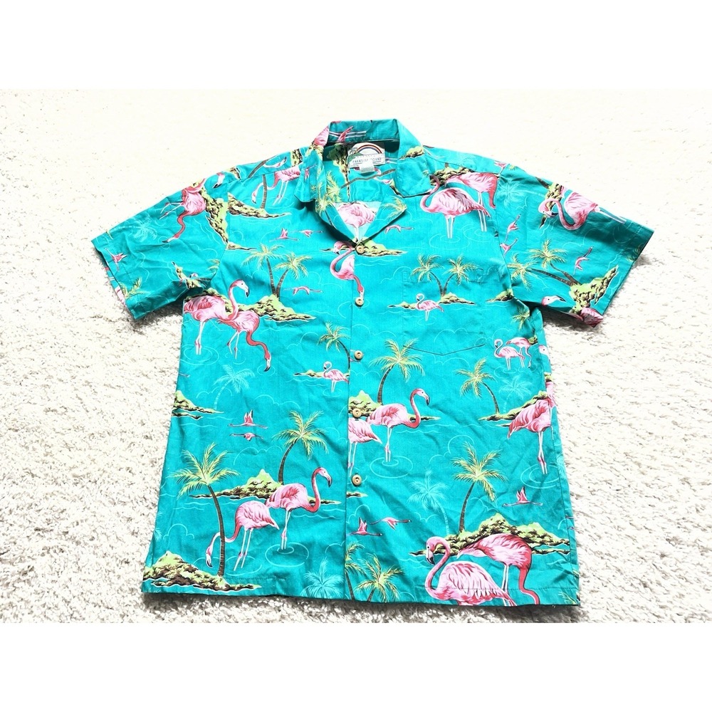 vintage paradise found hawaiian shirt flemingo wood buttons green & pink Medium